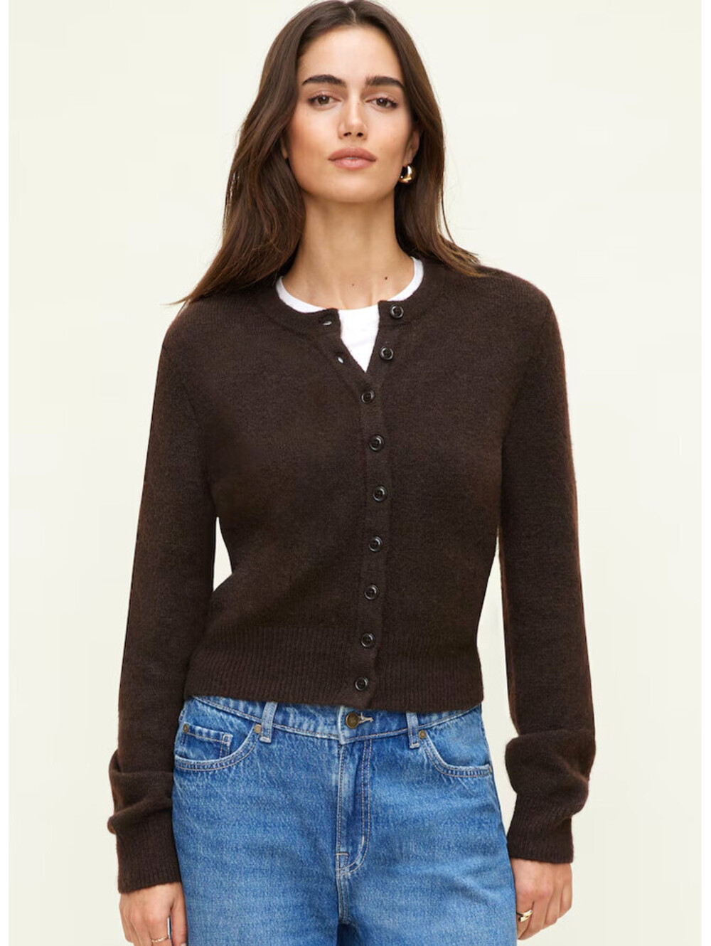 Dynamite Rebecca S Brown Crewneck Knit Button-Up Long Sleeve Cardigan Sweater